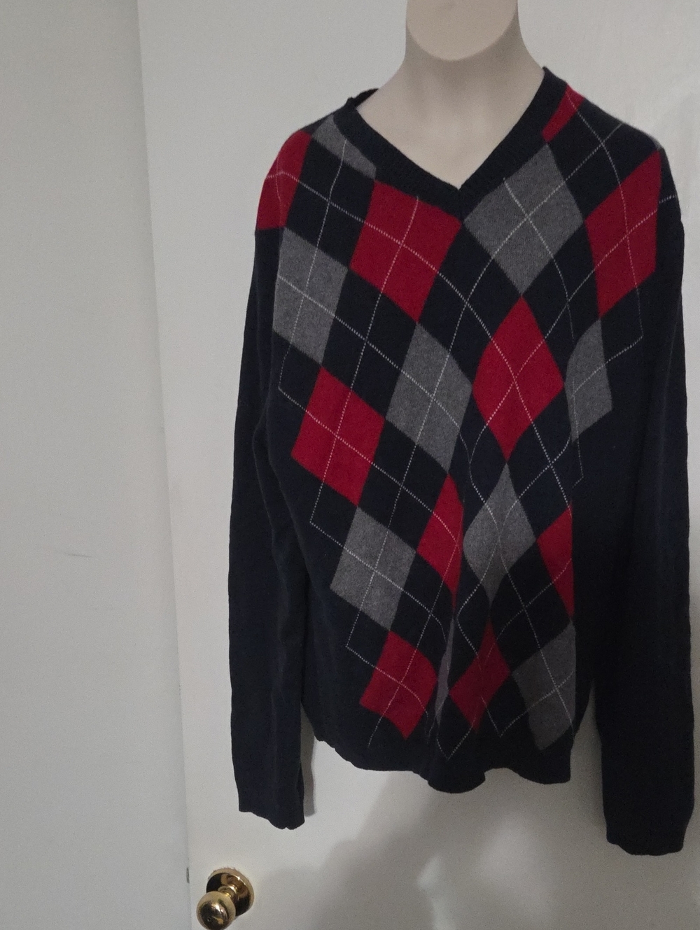Banana Republic Men's V-Neck Argyle Sweater - Navy, Red & Gray